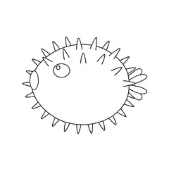 Simple black and white line art illustration of a pufferfish resembling a baloon shaped animal