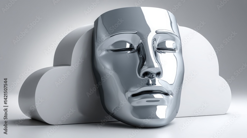 Poster minimalistic image of a white mask on a gray background symbolizing ai face concept in modern cloud 