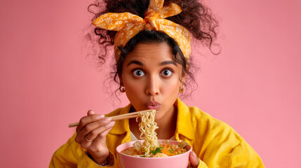 A young woman eating ramen noodles, isolated against a pink background.