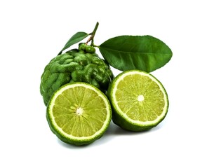 fresh bergamot fruit with leaves isolated on white background