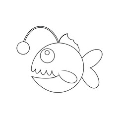 Cartoon anglerfish with baloon light black and white illustration for coloring books and educational resources