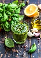 Fresh Basil Pesto Sauce with Olive Oil, Salt, Garlic and Lemon