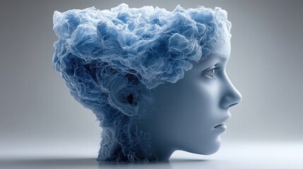 Artistic depiction of a woman's head with blue hair illustrating ai face concept in cloud computing and digital innovation