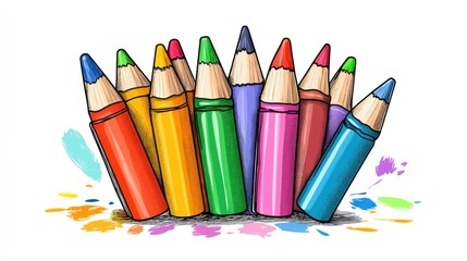 Fototapeta premium Vibrant Colored Pencils Arranged in a Creative Composition Against a White Background with Paint Splatter