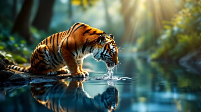 Tiger Drinking Water by a Serene Forest Stream with Sunlight
