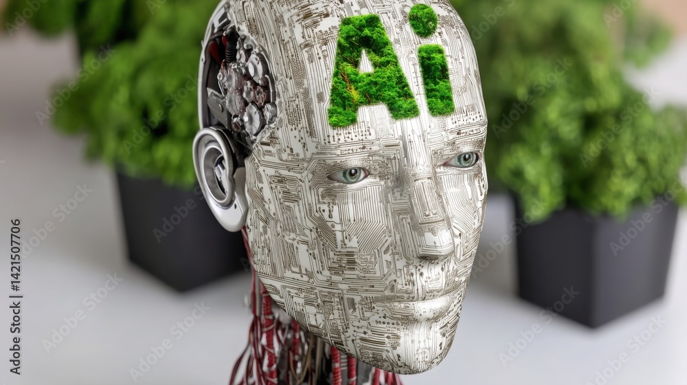 Poster robot head with a green tree growing from it symbolizing the fusion of nature and artificial intelli