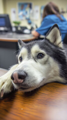 black and white husky dog resting its head on table, looking curiously. background features person in blue shirt, creating calm atmosphere