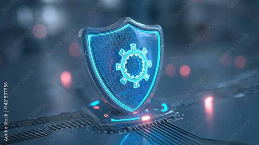 Poster advanced computer with a glowing blue shield and gear symbol representing secure automation technolo