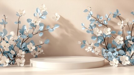 Serene White Podium Adorned with Delicate Blue and White Blossoms, Bathed in Soft Sunlight