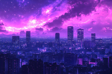 Fototapeta premium Surreal cityscape at twilight, bathed in vibrant purple hues under a fantastical, star-studded sky. Perfect for fantasy, sci-fi, or dreamlike themes.