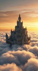 Fototapeta premium Majestic Castle Perched Above a Sea of Clouds at Golden Hour Serenity