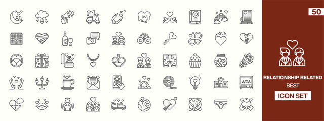 50 Relationship Icons: Romantic Line-Art Designs Featuring Couples, Wedding Rings, Hearts, Gifts, Communication, and Romantic Activities for Love-Themed Projects and Digital Designs