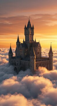 A magnificent medieval castle atop a cloudscape bathed in the warm glow of sunset