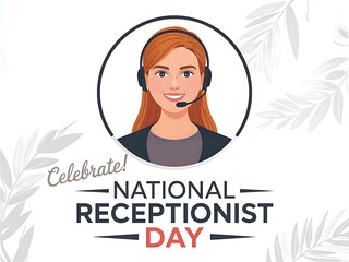 A cheerful receptionist celebrates National Receptionist Day, a warm and friendly portrait with delicate grey leaf accents.
