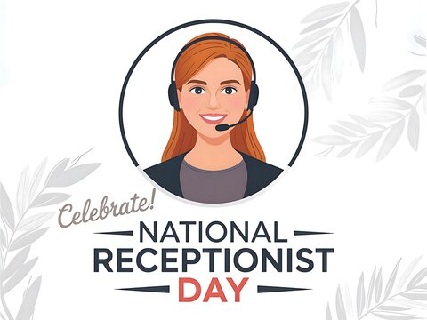 A cheerful receptionist celebrates National Receptionist Day, a warm and friendly portrait with delicate grey leaf accents. - Powered by Adobe