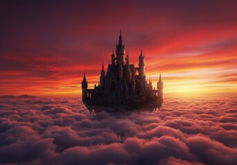 Naklejka premium Mystical castle hovering above clouds bathed in the vibrant hues of a sunset