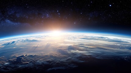 Majestic Sunrise Over Earth from Space &ndash; Cosmic View of Planet and Horizon Light