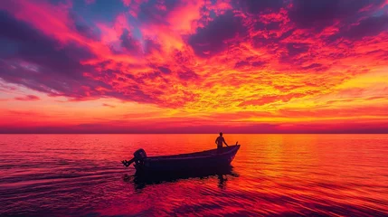 Fototapete Fisherman in boat at fiery sunset ocean © NailulMuna