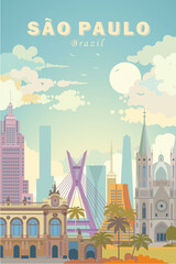 Sao Paulo city landmarks vector illustration poster design, Brazil