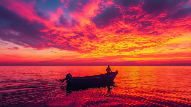 Fisherman in boat at fiery sunset ocean