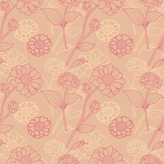 Beautiful Floral Pattern with Leaves, Cute Small Zinnia on Seamless Background