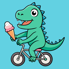 Silly Dinosaur Riding a Bicycle While Eating Ice Cream