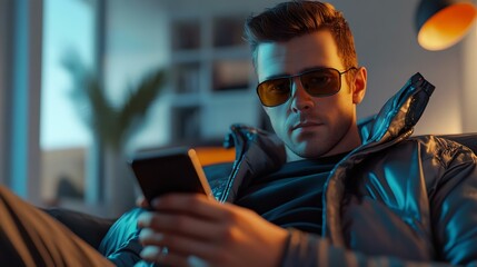 A stylish young man wearing sunglasses sits on a couch, engaged with his smartphone in a modern indoor setting with warm lighting.
