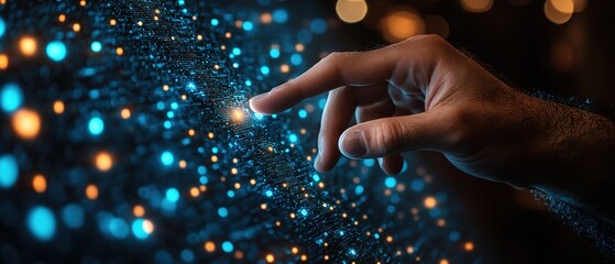 Hand touching glowing lights against a dark background creating a futuristic effect.