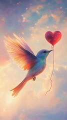 Fototapeta premium A vibrant bird floating in the sky, holding a heart-shaped balloon, symbolizes love and freedom. Colorful and dreamlike with soft clouds.