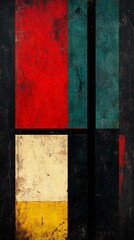 A vibrant abstract artwork featuring bold colors like red, teal, yellow, and black. Perfect for modern decor and creative spaces.