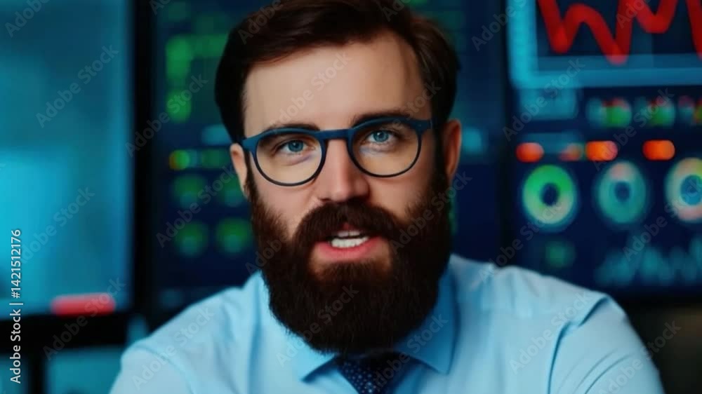 Wall mural beard - a bearded tech professional working in a futuristic office, analyzing ai-driven data.