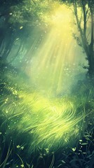 Obraz premium A serene forest landscape illuminated by soft golden rays of light, highlighting lush green grass and magical particles in the air.