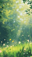 Obraz premium A serene natural landscape featuring blooming flowers and lush green grass, bathed in gentle sunlight, ideal for tranquility and rejuvenation.
