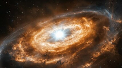 Cosmic Radiance: A mesmerizing spiral galaxy explodes with radiant energy, its core pulsating with a brilliant white light, against a backdrop of celestial dust and swirling nebulas. - Powered by Adobe