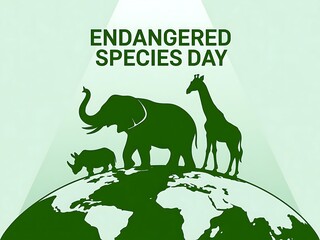 A powerful image of endangered animals—elephant, rhino, giraffe—standing together on earth for Endangered Species Day.