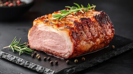 Succulent Roasted Meat with Fresh Herbs on Slate Background for Culinary and Food Photography