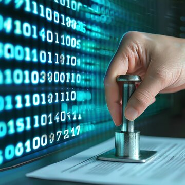 A hand stamping a business form beside a glowing wall made of numbers