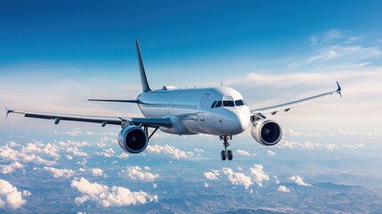 Obraz premium Modern Passenger Aircraft Flying Above Clouds in a Bright Blue Sky During Daylight Hours