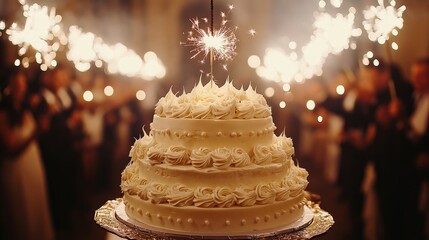 Celebratory three tier cake adorned with sparklers amidst jubilant partygoers creates festive memorable wedding reception