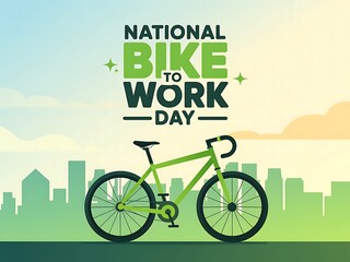 Celebrate National Bike to Work Day: A vibrant green bicycle against a city skyline at sunrise, promoting eco-friendly commuting.