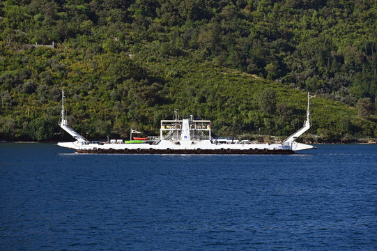 Verige Straits, Kotor Bay, Adriatic Sea, Montnegro, Balkans, Europe : narrowest part of the Kotor Bay, Trideseti Avgust Passenger Cargo Ship between Lepetane and Kamenari