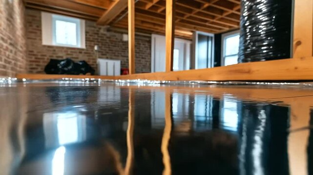 A detailed view of a well-insulated crawl space featuring silver reflective blankets for temperature control and dimple board flooring for moisture management.