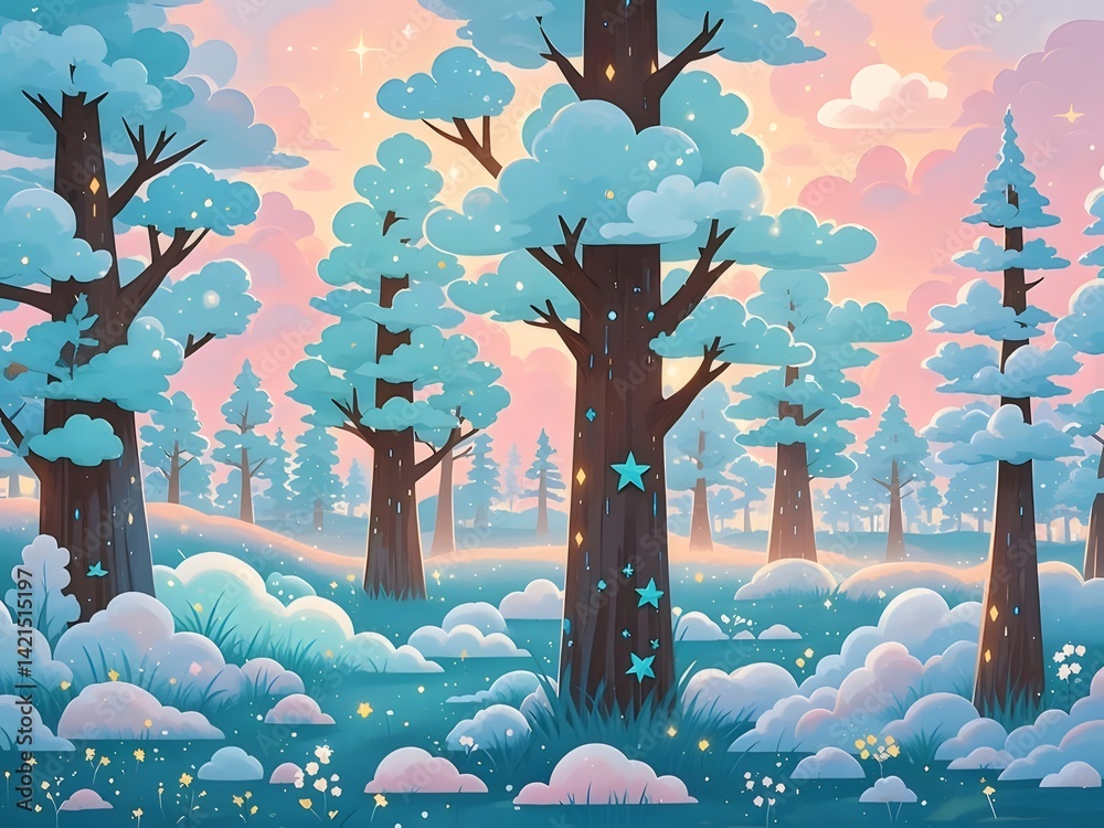 Poster 淡い色調の雪景色に包まれた木々が立ち並ぶ幻想的な風景画 輝く星のような装飾が施された木と空に広がる雲