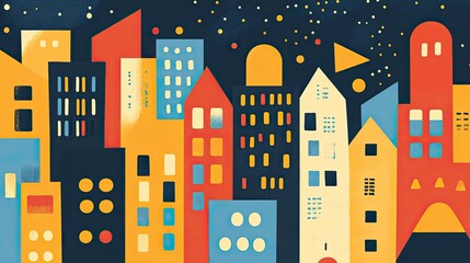 Obraz premium Night Cityscape Illustration Vibrant Colors Geometric Buildings Urban Landscape Nighttime Architecture Design Modern Art