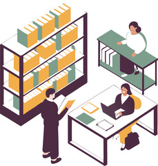 Naklejka premium Isometric Vector of Legal Library with Open Law Books and Research Team Illustrator Artwork