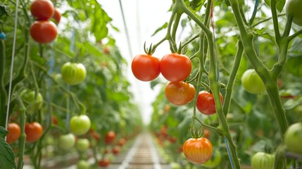 Advanced farm robot harvesting ripe tomatoes in a greenhouse, using precision arms and AI sensors to detect ripeness