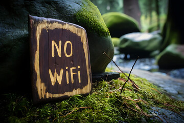wooden sign with the words No Wi Fi in golden lettering rests against a moss covered rock, surrounded by a damp forest floor.