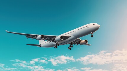Fototapeta premium Aircraft Flying High Above the Clouds with Clear Blue Sky and Sunlight in the Background