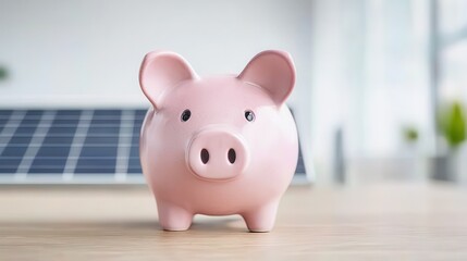 Piggy bank with solar panels in background, symbolizing savings and sustainable energy future