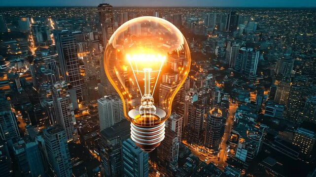 Illuminating Metropolis: A Glowing Lightbulb Over a Night Cityscape